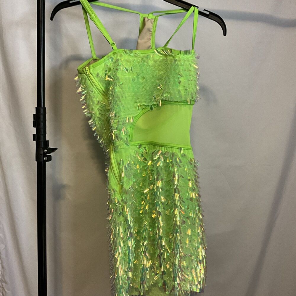 WEISSMAN Neon Green Dance Leotard with iridescent Fringe Adult XS